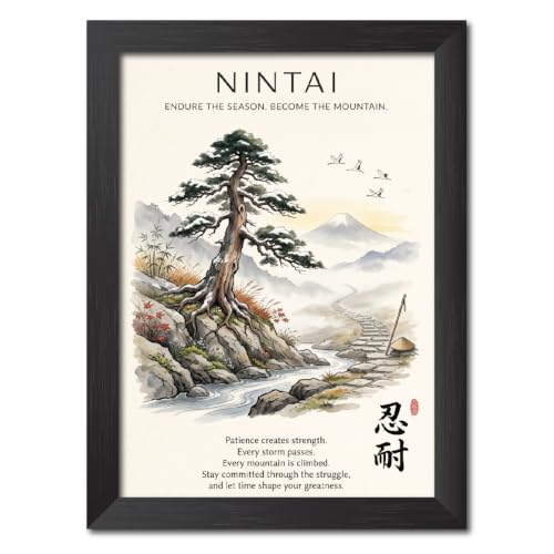 Image of TenorArts Japanese Philosophical Quotes Photo Frame Painting, Nintai Poster Framed Wall Hanging Decor Paintings For Bedroom Living Room Home and Cafe, Minimal Drawing Framed Posters for Decorations (9x12 inches)