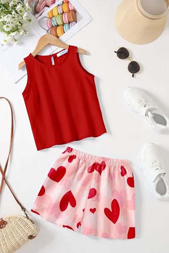 Image of Arshiner Girls Summer 2 Piece Outfit Sleeveless Top and Paperbag Waist Shorts with Pockets Kids Shorts Set Ages 5-13