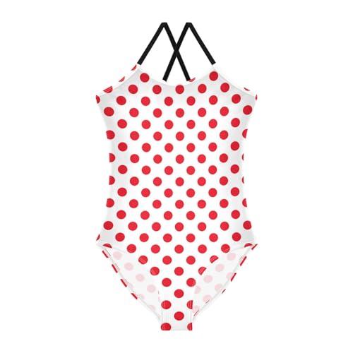 senya Girls Swimsuits One-Piece Swimwear Tie Bathing Suit Beach Summer Round Neck 9-10T White Background Red Polka Dots Pattern