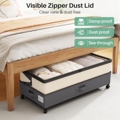 Image of Kitstorack 4 Pack Height-adjustable Under Bed Storage with Wheels, Under Bed Storage Containers,Under Bed Shoe Storage Organizer with Clear Window&Label, Suitable for Clothes Storage, Beige & Gray