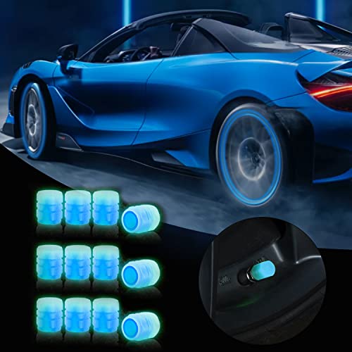 AVERZELLA 12Pcs Universal Fluorescent Car Tire Valve Caps, Luminous Tire Air Valves Stem Caps, Glow in The Dark, Suitable for Most Automotive, Motorcycles and Bicycles (Blue, Hexagon)