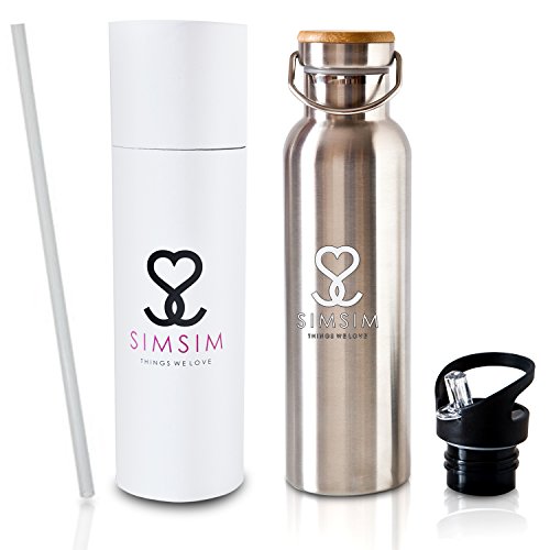 SimSimTrend Edelstahl Thermosflasche 600 ml inklusive 2 Deckeln Cover