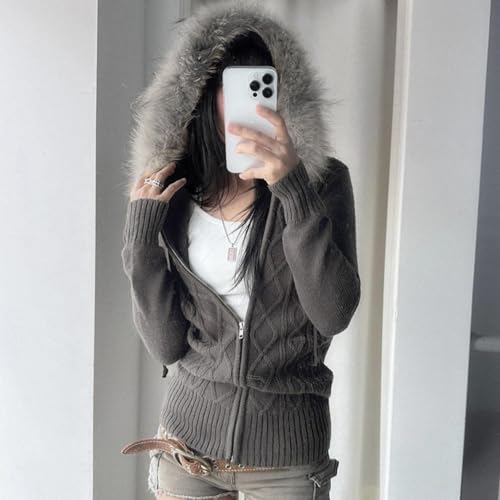 Monkay Zipper Cardigan Sweaters for Women, Long Sleeve Cable Knit Crop Tops Jackets with Fur Hooded Trim, Retro Y2k Chic3