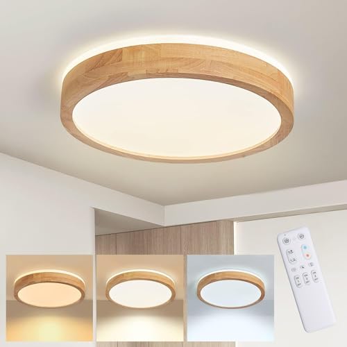 Baerolc LED Lámpara de Techo, 40CM Plafon LED Techo de madera regulables de con control remoto 32W 3000K-6000K Ronda de luz de techo Lámpara redonda para dormitorio/oficina/cocina/guardería/pasillo