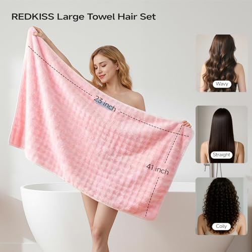 Image of REDKISS 3 Pack Microfiber Hair Towels for Women, Hair Towel Wrap for Long Curly Thick Hair, Quick Dry 280 GSM Hair Drying Towel Wrap with Secure Strap, Soft Anti-Static Microfiber Towels