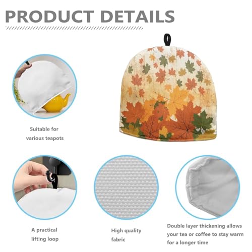 Image of Hudotybom Fall Maple Leaf Tea Cozy for Teapot Insulated Large Teapot Cover to Keep Warm Tea Kettle Cover Thanksgiving Fall Kitchen Home Decorations