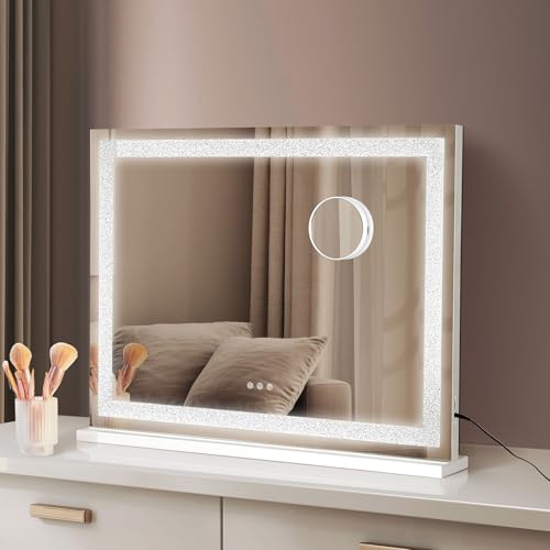 Yezi LED Vanity Mirror Magnifying 5X with Stand,Hollywood LED Light Up Makeup Mirrors Framed,Wall Mounted,Cold White/Natural/Warm White 3 Color Dimmable,USB &Type C Charging,58x48cm,White