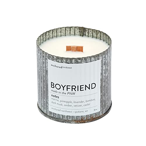 Anchored Northwest - Boyfriend Scented Rustic Vintage Candle 10oz Corrugated Metal Tin American Cedar Wood Wick Hand Poured Essential Oil Blend 100% Soy Wax 60 Hour Burn