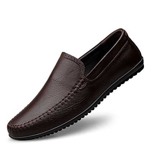 XTYPE Smoking Loafer for Men Genuine Leather Stitching Details Round Toe Rubber Sole Lightweight Anti-Slip Flat Heel Driving Slip On (Color : Dark Brown, Size : 10.5)