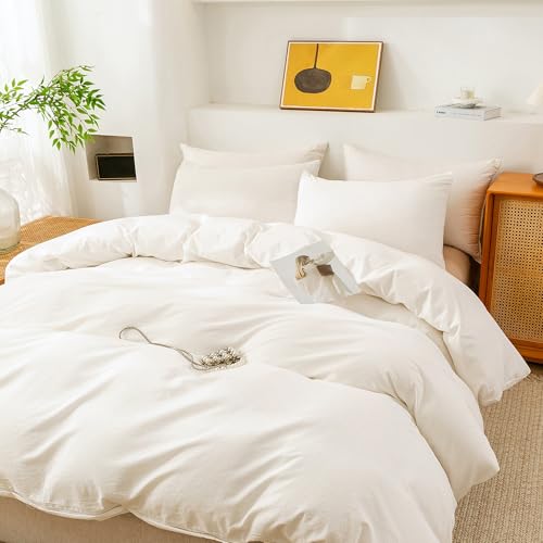 Image of ECOCOTT White Duvet Cover Full Size, 100% Washed Cotton 1 Duvet Cover with Zipper and 2 Pillowcases, Ultra Soft and Easy Care Breathable Bedding Set (White, Full)