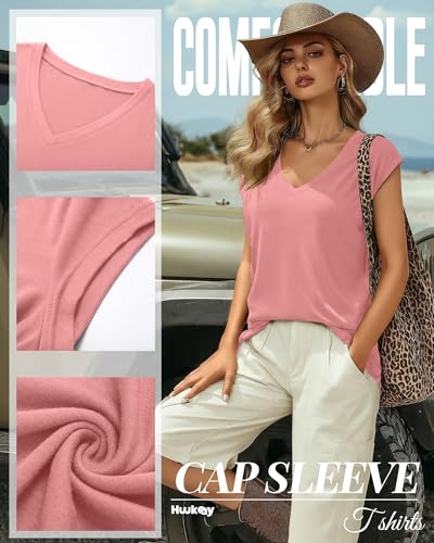 Image of Huukeay 3 Pack Women's V Neck Cap Sleeve T Shirts | Short Sleeve Basic Tees, Loose Fit Soft Tops for Women, Casual Lightweight Shirts, Everyday Summer Clothes