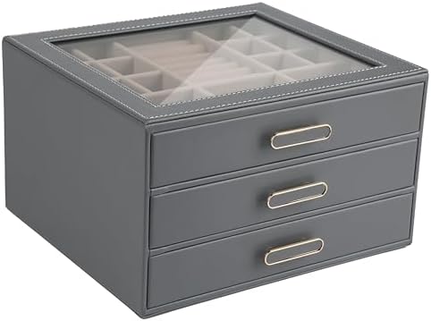 3 Layer Jewelry Organizer Box with Glass Lids & 3 Drawers - Elegant Storage Solution for Necklace, Rings,Earrings, and Bracelets - Perfect for Women ASK-301 (Grey)