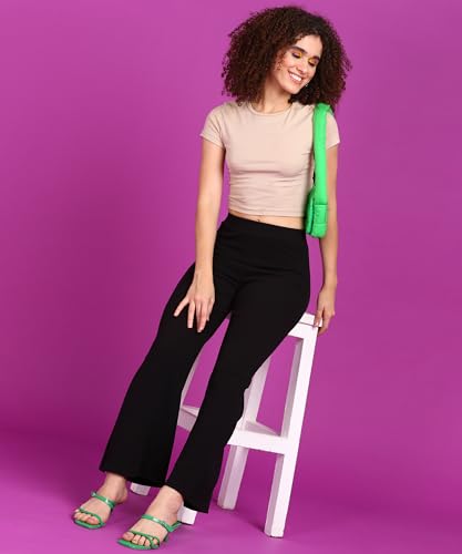 Image of POPWINGS Casual High-Waist Flared Trouser for Women | High-Rise Trouser Pant for Women | Flared Trousers for Women Formal Office Wear