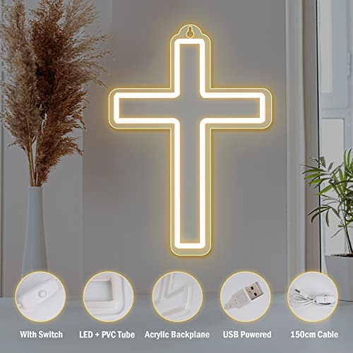 Jesus Cross Neon Signs LED Neon Hanging Wall Night Lights for Christmas Christ Home Decor Gifts, Soft Warm White Color Night Lamp
