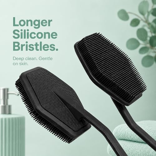 Image of Episkey Back Scrubber - Exfoliates & Deep Cleans - Silicone Shower & Bath Brightening Body Brush with Long Handle and Bespoke Bristles - Bathroom & Hygiene Accessory - Charcoal