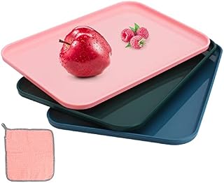 Bubuyun 3PCS Serving Trays for Eating & 1PCS Coral Fleece Cleaning Rag Plastic Serving Lap Trays Serving Tray Platter Board Food Tray for Serving Drinks Snacks Tea or Coffee(3 Colors, 31 * 22.5cm