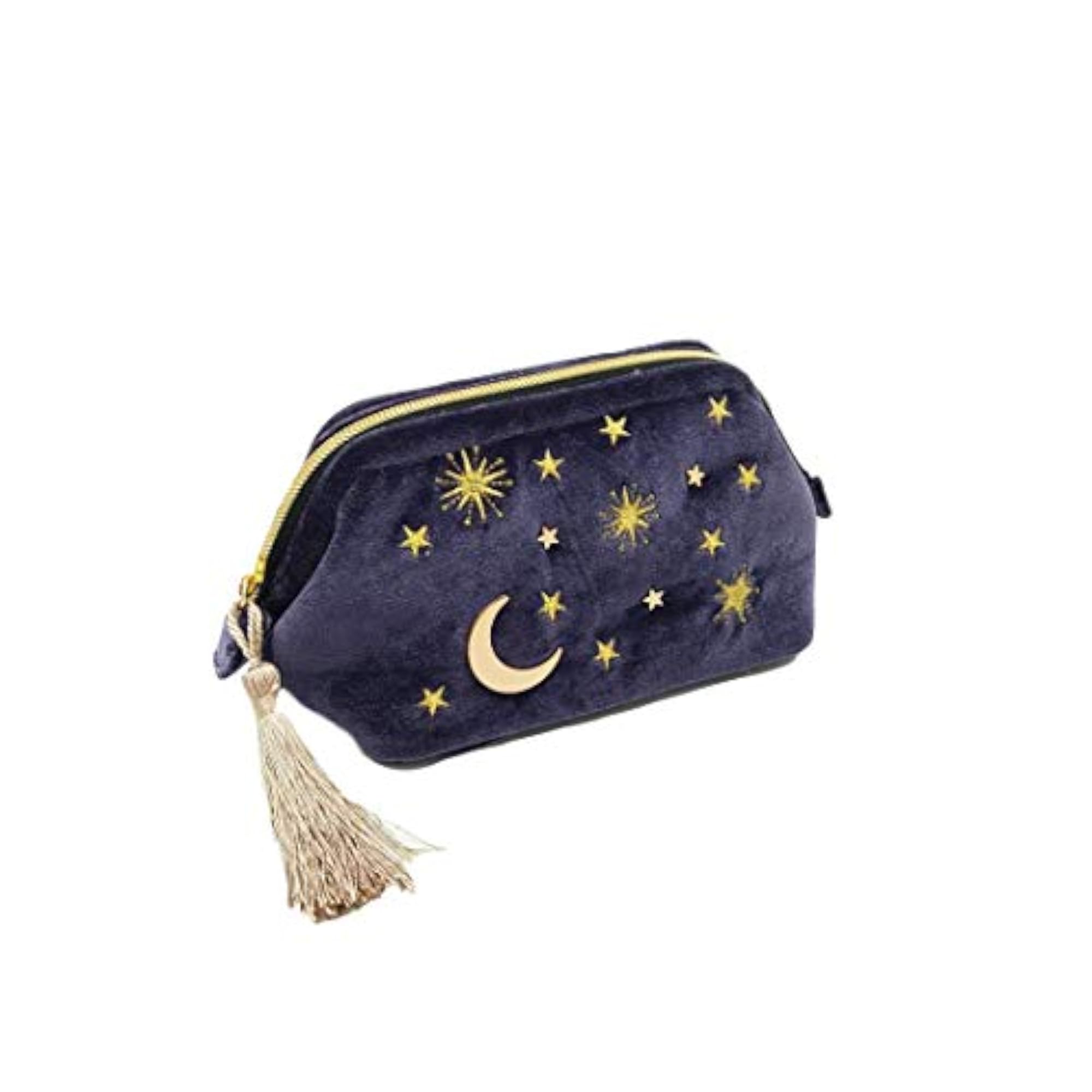 Navy Velvet Cosmetic Bag with Moon & Stars Embroidery, Gift