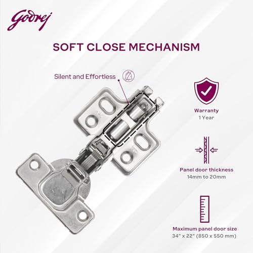 Image of Godrej Cabinet Hinges | Soft Close | Slip On | 4 Hole Half Overlay | BIFMA Tested Nickel Plated |105 Opening | Suitable for 14-20 mm Thick Panel| Wardrobe, Kitchen, Bathroom | 1 Year Warranty.