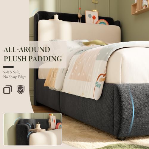 Image of Garvee Twin Size Bed Frame with Recessed Shelf for Kids- Black & Beige