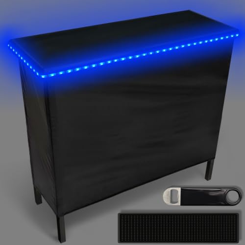 PartyLife NEW & Improved Portable Bar Table w/LED Lights, Folding Steel Legs, 2 Bar Skirts, Supportive Storage Shelf & Carrying Case - Black