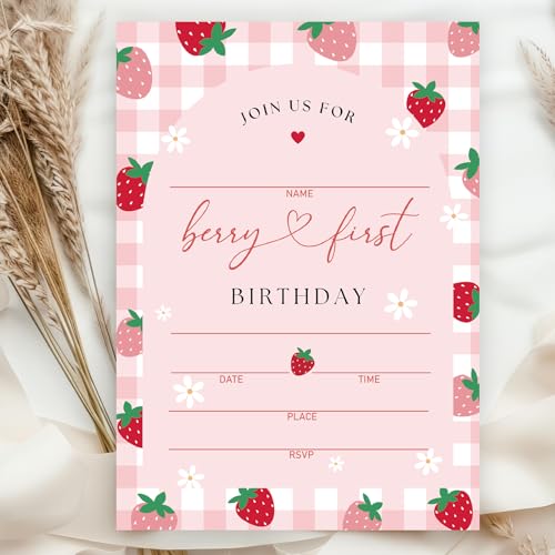 Invitaciones de fiesta de fresa Whaline con sobres y pegatinas para primer cumpleaños