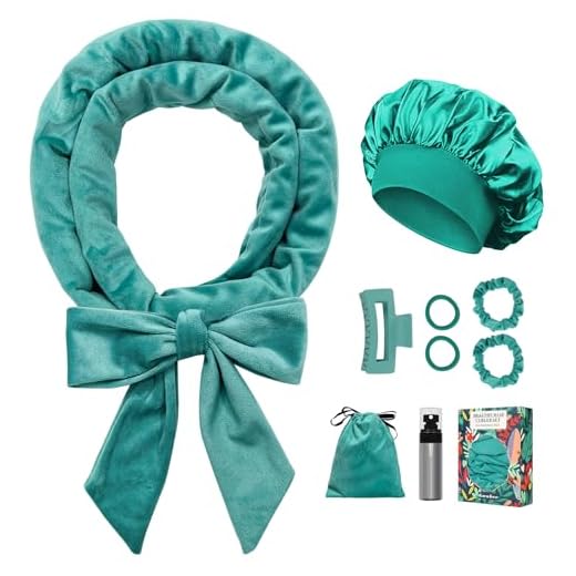 Gwabee No Heat Overnight Curl Headband, 70" Soft Ribbon Wrap for Long Hair, 9 PCS Hair Curling Rods Set - Blue Green