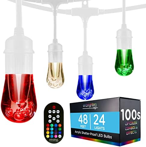 Enbrighten Vintage Seasons Café Lights, Outdoor String Lights, White, 48ft, 24 Lifetime Bulbs, Color Changing, Weatherproof, Shatterproof, Commercial Grade, 39092