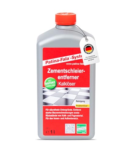 Patina-Fala Zementschleierentferner 1L Extrem Stark Entfernt Zementschleier Fugenreste & Bauverschmutzungen Fliesenreiniger & Naturstein geeignet Für säurefeste Untergründe Made in Germany