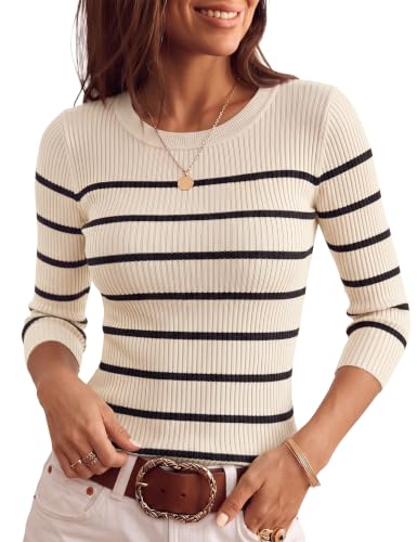 LOMON LOMON Womens Sweater 2026 Summer Fall Sweaters 3/4 Sleeve Crewneck Fitted Tops Lightweight Knit Pullover Basic Clothes