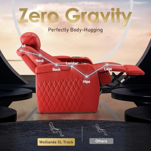 Weilianda Home Theater Seating Top Grain Leather Zero Gravity Recliner Chair Power Headrest Recline Movie Seat Gaming 7 Colors Mood Light Sofa with Tray Table USB Charge Row of 4 Red