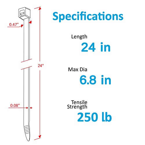 Large Zip Ties Heavy Duty Outdoor 24 Inch (50 Pack), Heavy Duty Zip Ties 250 Lbs, Black, By Anoson #TOP1