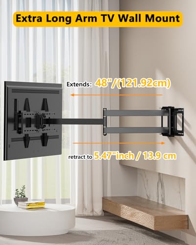 48'' Extension Extra Long Arm TV Wall Mount, Heavy Duty Full Motion TV Wall Mount for 37 to70,75,77,80,85'' Screens, Max VESA 600x400mm, Hold 110 lbs, 16''-24'' Wood Studs/Concrete/Brick Wall — view 3
