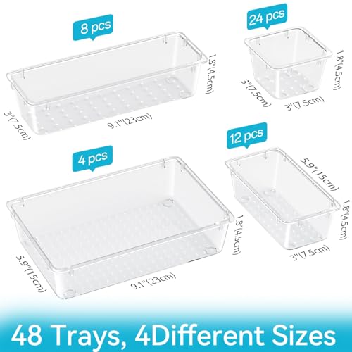 Image of ElegantArray 48 PCS Drawer Organizer Set, 4 Sizes Tool Storage Trays, Clear Plastic Makeup Vanity Organizer and Storage Bins for Makeup, Stationeries, Multiple Gadgets for Bathroom, Office, Bedroom