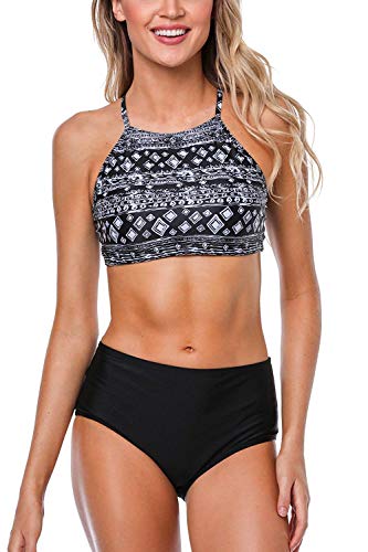 CharmLeaks Women's Tribal Halter Bikini Set 2 PC Criss Cross Swimsuits Black S