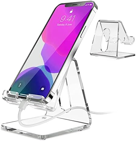 KTRIO Acrylic Cell Phone Stand for Desk, Phone Holder, Dock, Cradle Compatible with iPhone 13 Pro Max 11 12 XR 7 8 Plus, Samsung Galaxy, Smartphone, Desk Accessories, Clear