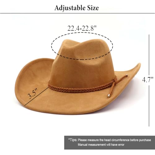 Image of Western Cowboy Hat for Women Men Wide Brim Cowboy Hat for Women with Woven Buckle Belt Suede Classic Fedora Hats