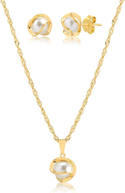 Pearl and Gold Jewelry Set, Elegant Necklace with Pendant and Stud Earrings, Classic Fashion Accessories