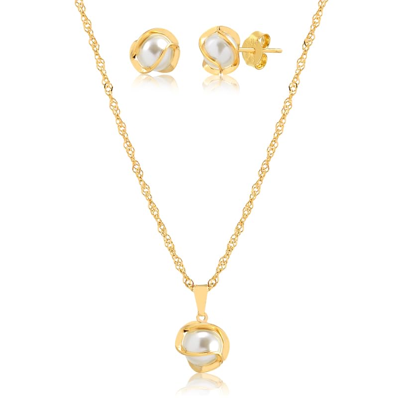 Conjunto Colar E Brinco Com Pingente de Pérola Folheado A Ouro 18k