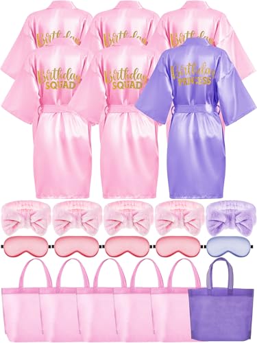 Sintuff Girls Spa Party Supplies 24 Pcs-6 Robes 6 Headbands 6 Eye Masks & 6 Tote Bags for Sleepover Slumber Birthday Party(Size 10 Purple)