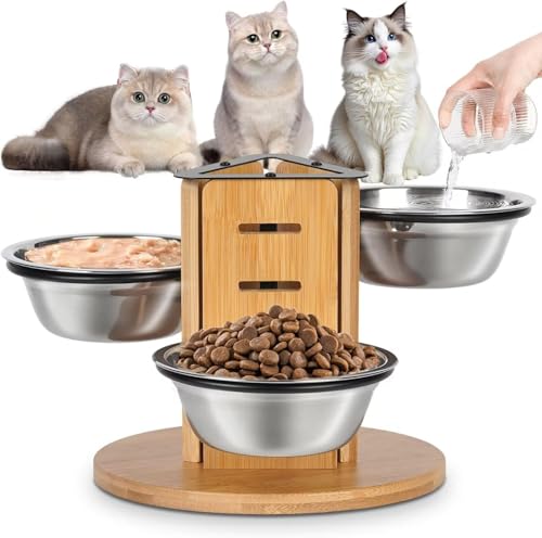 JAZUIHA Katzennapf Erhöht 3er Set, Höhenverstellbare Futterstation für Katzen und kleine Hunde, 14 cm Edelstahlnäpfe (350ml), 3 Stufen für Anpassbare Höhe