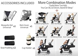 Rexhan Twin Baby Pram, 2 in 1 Foldable Double Baby Buggy, Reclining Tandem Pushchair, Twin All in One Stroller, Newborns, Toddlers, 0-4 Years, Aluminium Frame, Lightweight