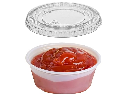 Plastic Portion Cups with Lids (125 Count) - 1.5OZ Translucent Jello Cups, Great for Condiments, Salad Dressings, Souffle, On-the-Go Snacks – Durable, Reusable, Disposable - Made in USA