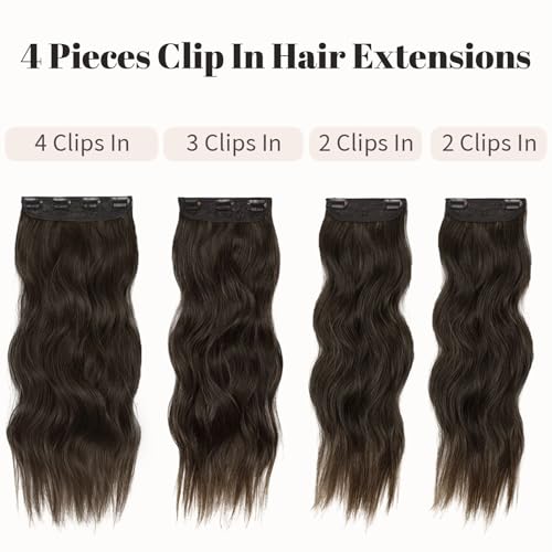 Image of KooKaStyle Clip in Synthetic Hair Extensions Long Wavy 4PCS Thick Hairpieces Dark Walnut Brown Fiber Double Weft Natural Hair Extensions 20 Inch for Women