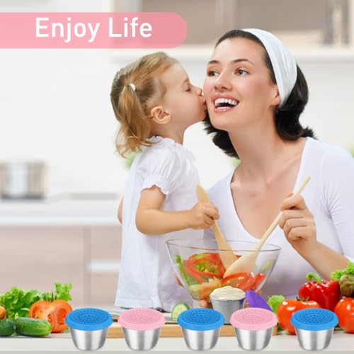 Image of HASTHIP 2pcs Salad Dressing Container To Go, 70ML Small Containers with Lids, Reusable Stainless Steel Sauce Cups for Lunch Bento Box, Picnic and Travel, Pink+Blue
