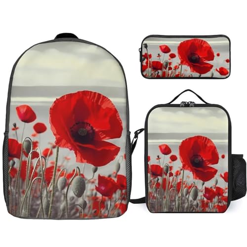 3 Piece Backpack for Women Men Lightweight Causal Daypack Shoulder Bag Set with Insulated Lunch Bag And Pencil Case Organizers Red Poppy Flower
