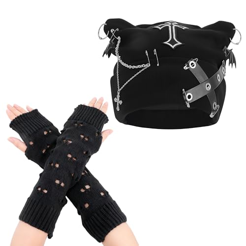 Angirlish Gothic Cat Beanie Set Y2k Cat Ear Knitted Hat Goth Arm Warmers Punk Grunge Emo Accessories for Woman Girls Black