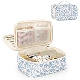 Relavel Travel Makeup Bag, Small Floral Cosmetic Bag with Makeup Brush Compartment, Portable Makeup Pouch for Women, Double Layer Makeup Organizer Bag Cute Toiletry Bag
