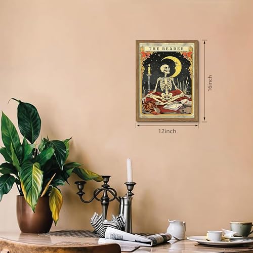 Image of Framed The Reader Tarot Canvas Wall Art, Skeleton Reader Tarot Card Pictures Wall Decor, Bookish Witchy Library Poster Print Artwork for Witchy Reading Nook Book Lover Gift 12x16 inch