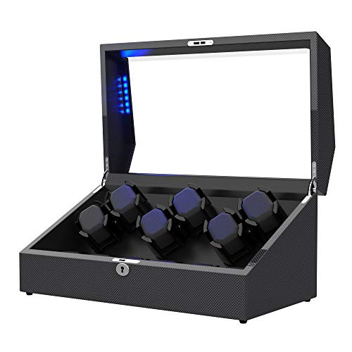 automatic watch carbon fiber - Watch Winder for 12 Automatic Watches, Elegant Carbon Fiber Shell with Flexible Watch Pillows, Built-in Led Lights, with 6 Extra Storage Slots (Carbon Fiber)