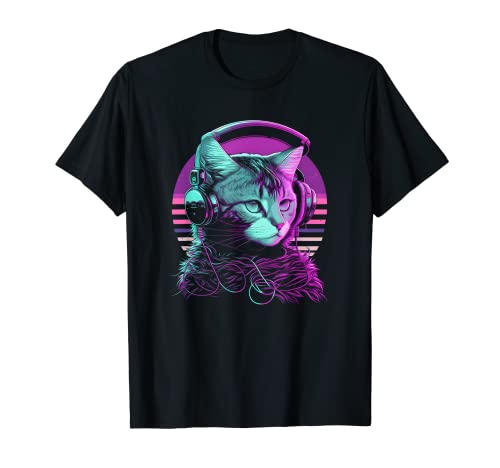 House DJ Cat 80s 90s Kitten Sunset Rainbow DJ Cat Kitty Men Women Kids T-Shirt